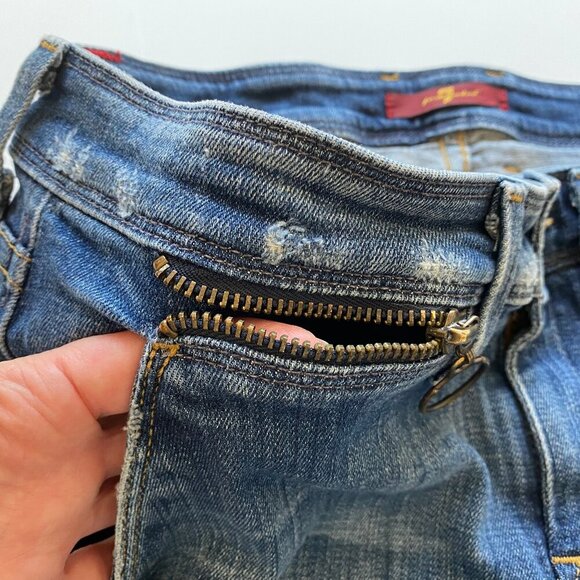 7 For All Mankind Womens Flare Wide Bootcut Jeans 28 Raw Hem Zippers Low Rise - Picture 6 of 15